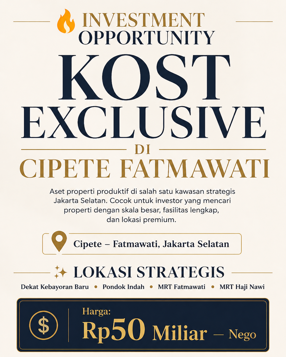 Dijual Kost Exclusive 50 Kamar di Cipete Fatmawati Jakarta Selatan – LT 700 m² & LB 2.800 m²